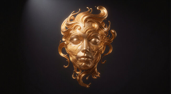 Golden ornate mask on black background. Surreal metallic face sculpture with swirling details.
