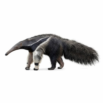 A giant anteater with distinctive long snout and thick bushy tail walks forward showcasing natural fur texture while foraging during daytime across habitat regions in South America for insect