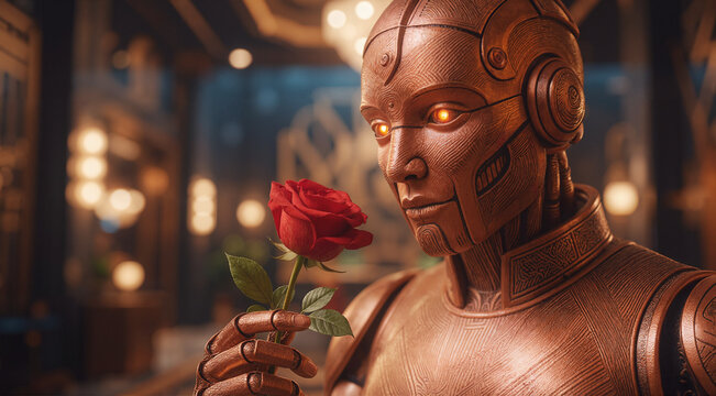Humanoid robot holding a red rose. Artificial intelligence exploring romantic human emotions.