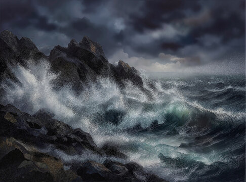 Dramatic ocean wave crashing against rocky shore. Powerful sea storm with foamy white water splashing on dark cliffs.