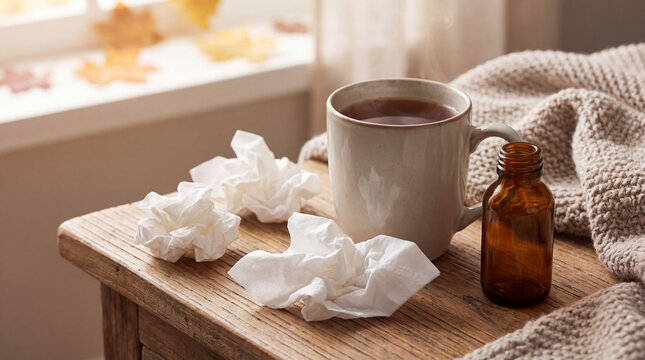 Cold and flu season essentials, hot beverage, crumpled tissues, and a small medicine bottle on a rustic table