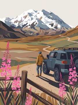 Picturesque digital raster illustration of an adventurous summer road trip in the Alaska wilderness. A traveler stands by an SUV on a dirt path admiring a majestic snowy mountain and pink flowers.