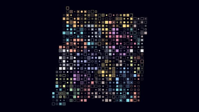 New Mexico animated shape. Pulsating colored dots on the map of the state. Large size square blocks. Digital style New Mexico map on dark background. Creative animation video.