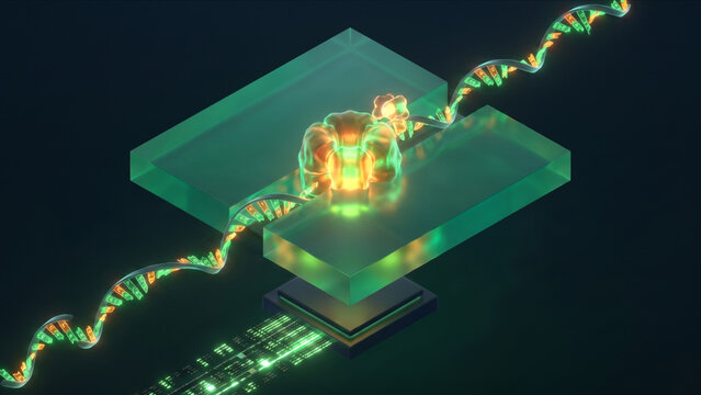 モータータンパク質に引かれナノポア通過直前の一本鎖DNAとシリコンセンサーのアイソメトリック画像
