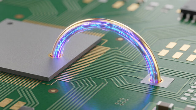 PCB基板上で幾何学的なパラボラを描く金線とUV発光するワイヤーボンディング工程の超マクロ画像