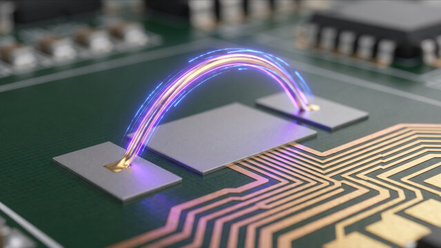 PCB基板上で幾何学的なパラボラを描く金線とUV発光するワイヤーボンディング工程の超マクロ画像