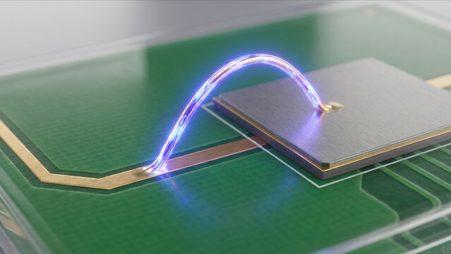 PCB基板上で幾何学的なパラボラを描く金線とUV発光するワイヤーボンディング工程の超マクロ画像