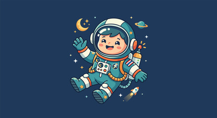 Cute chibi astronaut floating and waving hand in outer space, kawaii cartoon character with moon and planets vector illustration. © กฤษฎา ทองชู