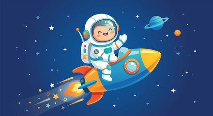 Cute little astronaut riding a rocket ship in space, kawaii vector cartoon illustration of cosmic journey for kids. © กฤษฎา ทองชู
