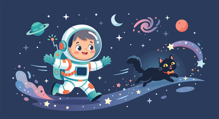 Cute cartoon boy astronaut running with a black cat in space, kawaii cosmic adventure with planets and stars vector background. © กฤษฎา ทองชู