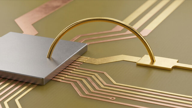 PCB基板上のシリコンダイから完璧な放物線を描く非発光の純金線ワイヤーボンディングの超マクロ画像