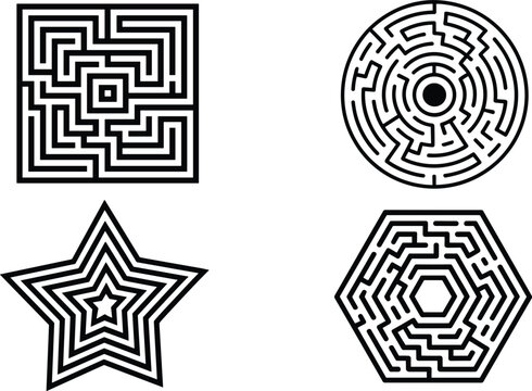 Black and White Maze Labyrinth Vector Set with Square Circle Star and Hexagon Puzzle Shapes for Game Design