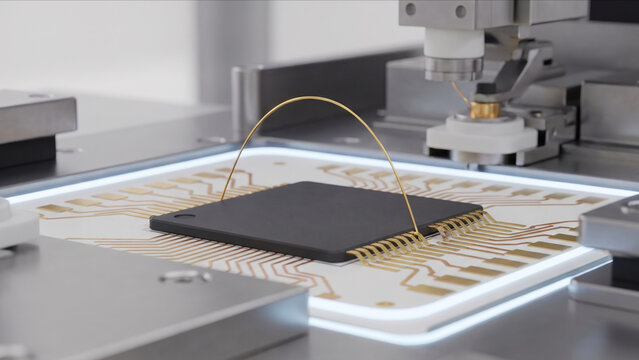 PCB基板上のシリコンダイから完璧な放物線を描く非発光の純金線ワイヤーボンディングの超マクロ画像
