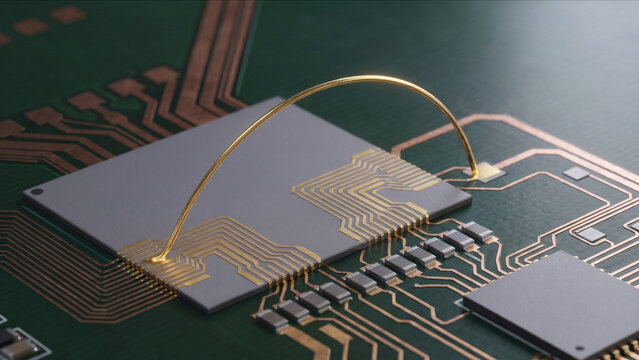 PCB基板上のシリコンダイから完璧な放物線を描く非発光の純金線ワイヤーボンディングの超マクロ画像
