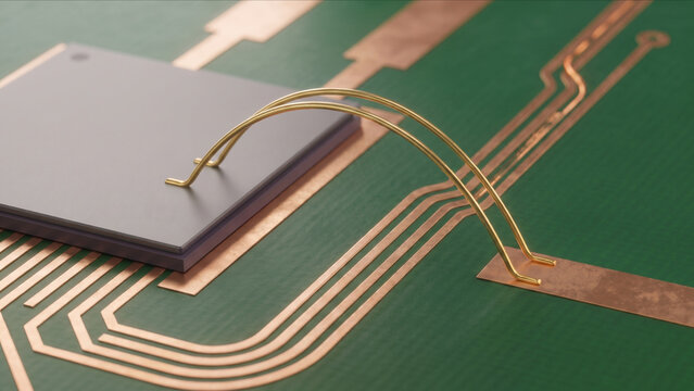 PCB基板上のシリコンダイから完璧な放物線を描く非発光の純金線ワイヤーボンディングの超マクロ画像