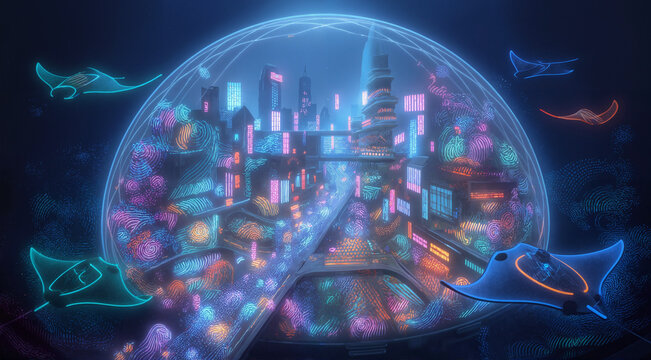 Futuristic underwater city under a glass dome. Neon sci-fi metropolis with glowing sea creatures.