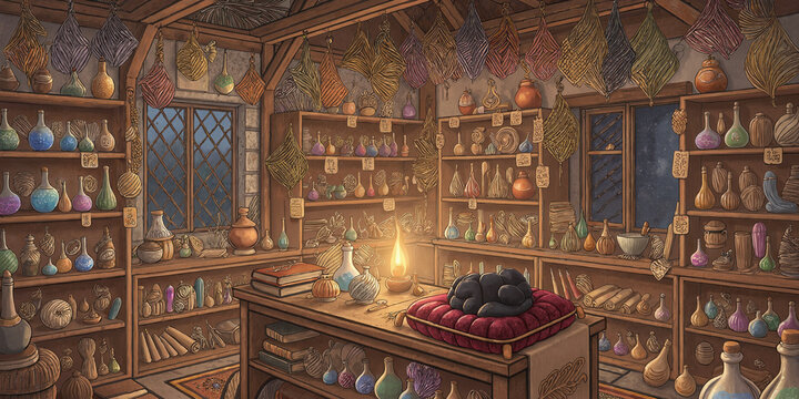Cozy alchemy lab with glowing candles and ancient books. Mystical potion-making workspace featuring vintage glassware and warm ambient lighting.