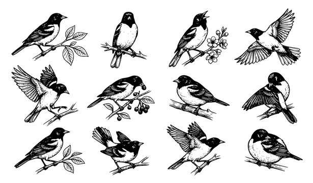 Hand Drawn Baltimore Oriole Bird Vector Illustration Set with Vintage Engraving Style
