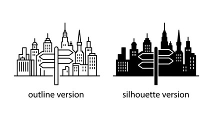 Obraz premium Cityscape Crossroads: An artistic representation showing two versions of a city skyline with a directional signpost, symbolizing choices and urban exploration.