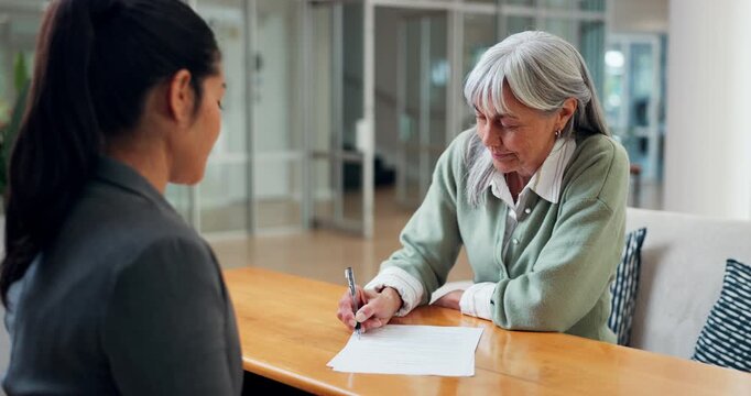 Contract, handshake and old woman in office with insurance agent, sign form and documents with help. Happy, senior person and worker shaking hands with policy agreement, document signature and deal.