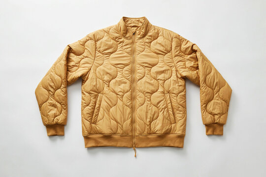 Mustard yellow quilted jacket, insulated puffer bomber coat with onion stitch pattern, warm winter outerwear apparel for men and women
