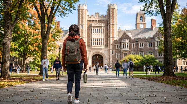 University Life, Student Perspective, Back view of аfrican-аmerican girl with backpack standing in front of university building