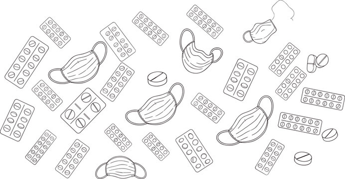 Seamless pattern of medical face masks and pill blister packs with healthcare theme
