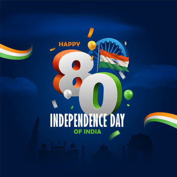 80th indian independence day square banner design with tricolor ribbon flag and 3d number illustration