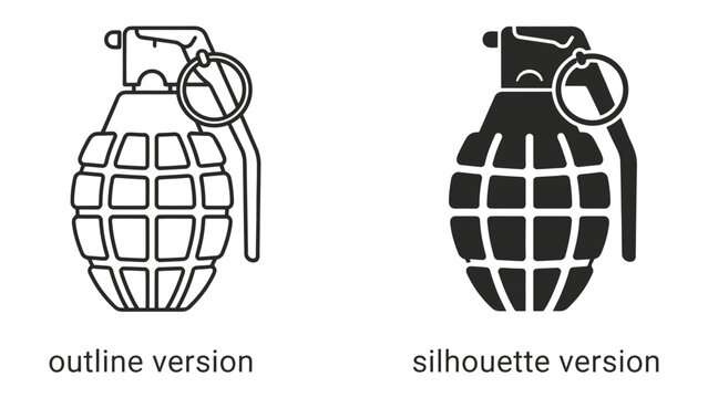 Grenade Icon: A stylized illustration depicting a hand grenade in both an outline and a silhouette version, symbolizing explosive power and danger.