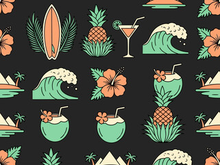 Retro Summer Tropical Seamless Pattern with Surfboard, Pineapple, and Wave Icons © Daniela