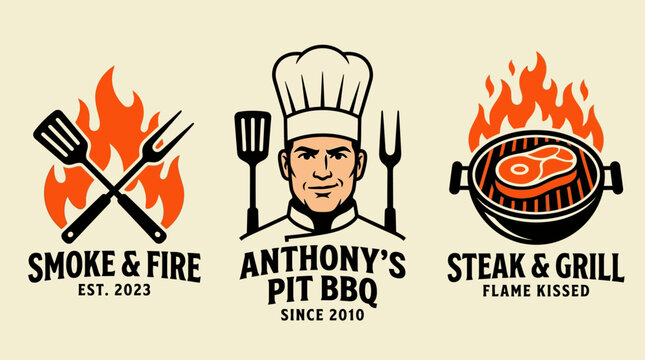 Vintage BBQ Grill Logo Set with Chef, Fire, and Steak Icons