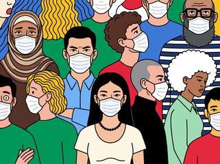 Diverse crowd wearing face masks. Flat vector illustration showing multiracial people practicing public health safety measures.