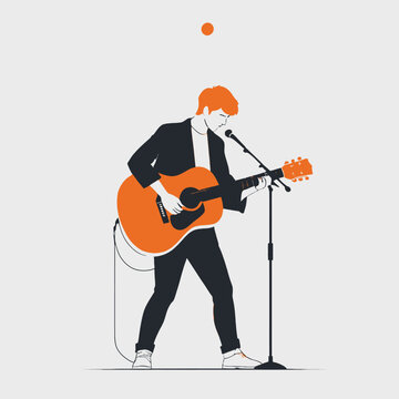 Musician Playing Acoustic Guitar and Singing into Microphone.