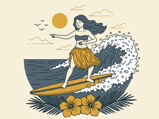 Retro Hawaiian Surf Girl Illustration with Big Wave and Hibiscus © Daniela