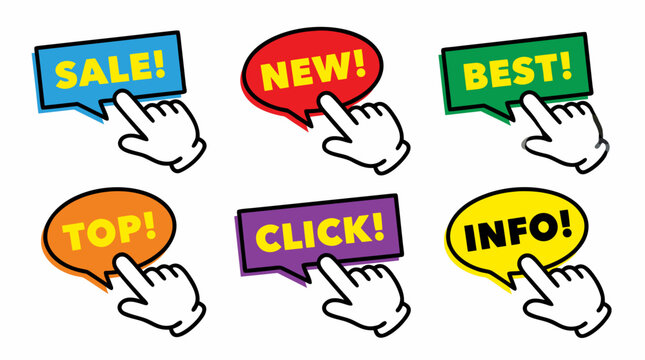 Click Cursor Speech Bubble Buttons Set Sale New Best Icons for Web and Ads