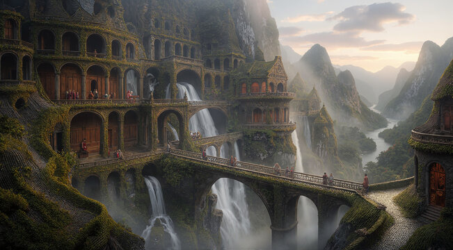 Fantasy medieval castle on misty cliffs at sunrise. Ancient stone fortress with dramatic lighting and epic landscape view.
