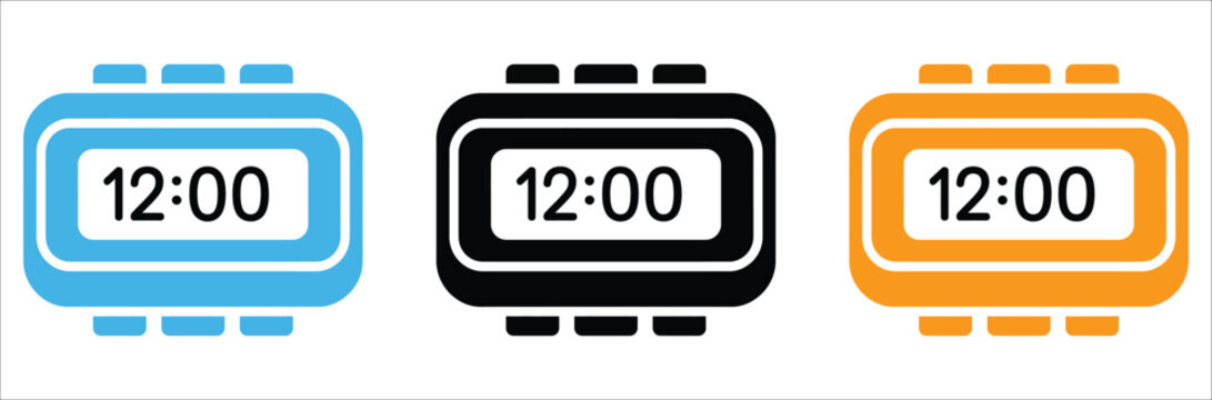 Digital stopwatch with 12:00 display for countdown timing, exercise tracking, event management, time control, and precision measurement vector, designs