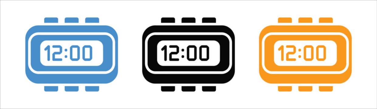 Digital stopwatch with 12:00 display for countdown timing, exercise tracking, event management, time control, and precision measurement vector, designs
