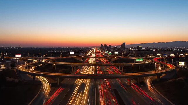 Aerial Highway Interchange Traffic Time Lapse Dawn 4K