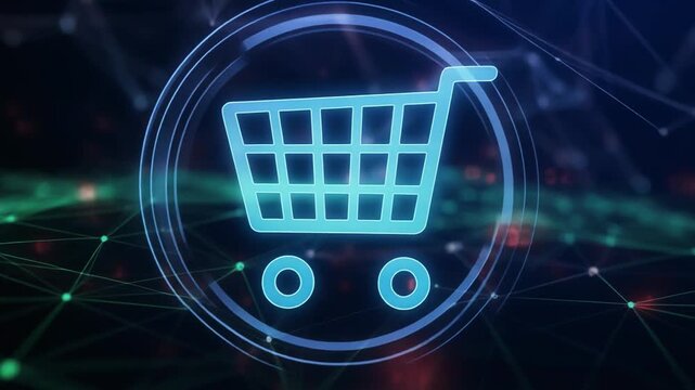 Shopping cart icon pulsing with digital network connections in a futuristic glow for e-commerce concepts