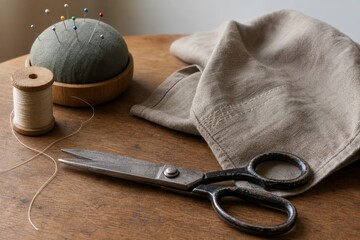 Fototapeta premium Worn sewing scissors beside thread and mended fabric