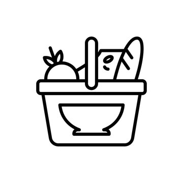 Groceries shopping basket icon with fruits and bread, line art vector illustration