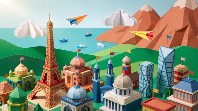 Wallpaper travel illustration 3d color tourism place, landmarks world, travel day wallpaper