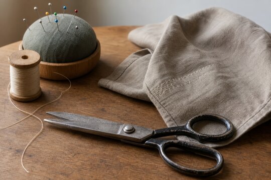 Worn sewing scissors beside thread and mended fabric