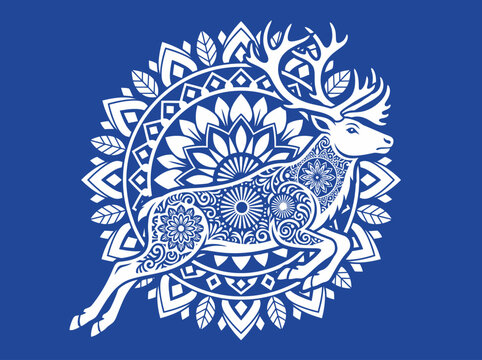 Ornate White Mandala Deer Silhouette on Blue Background