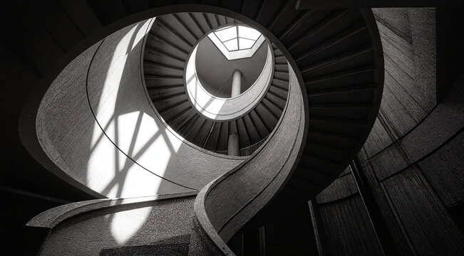 Spiral staircase in modern building. Abstract architectural view of a concrete spiral stair.