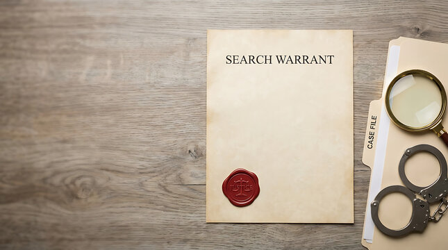 Close up of blank search warrant paperwork with red wax seal on oak table