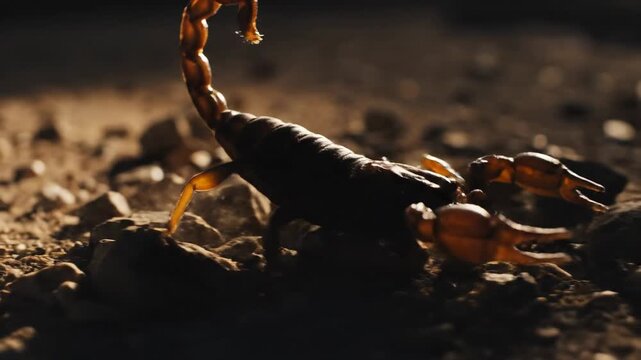 A dangerous scorpion wanders across the rugged desert terrain under the golden sunlight while showcasing its formidable stinger and sharp pincer claws during a quiet evening hunt for small prey