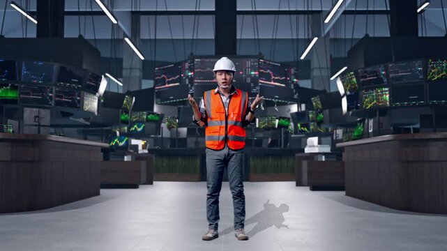 Full Body Of Wondering Asian Male Engineer With Safety Helmet Saying Why Working Doubtfully at Financial Trading Control Room