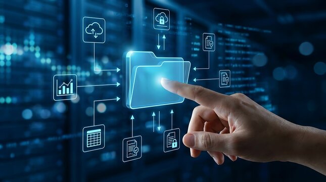 Digital Document Management and Cloud Storage System Concept with Secure Server Data Center Background